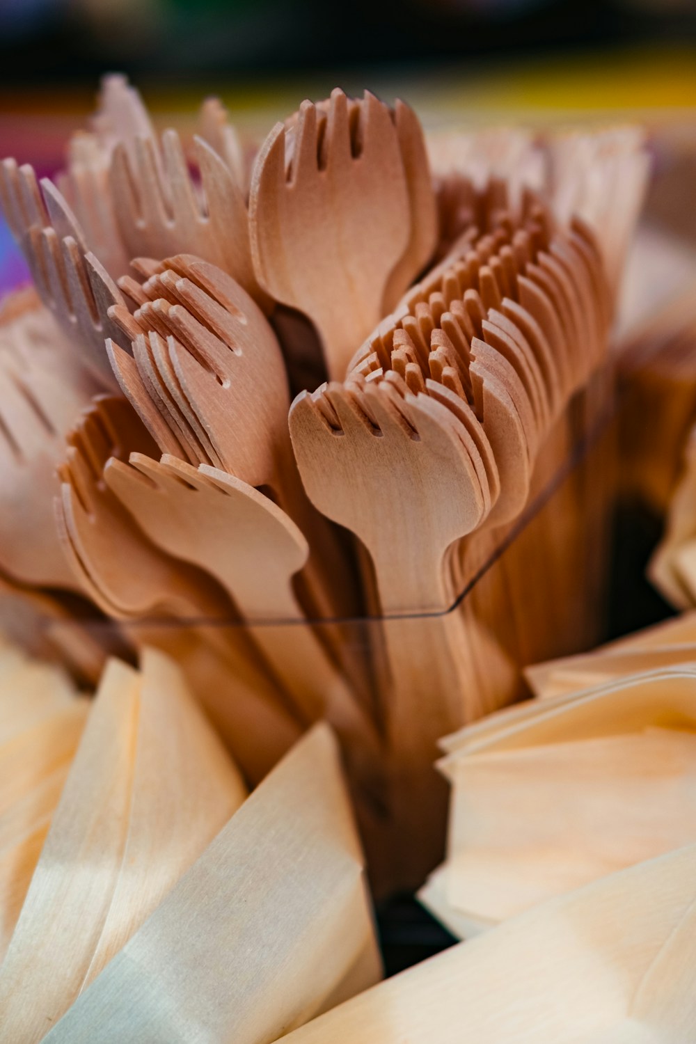 A cluster of wooden forks ready to serve